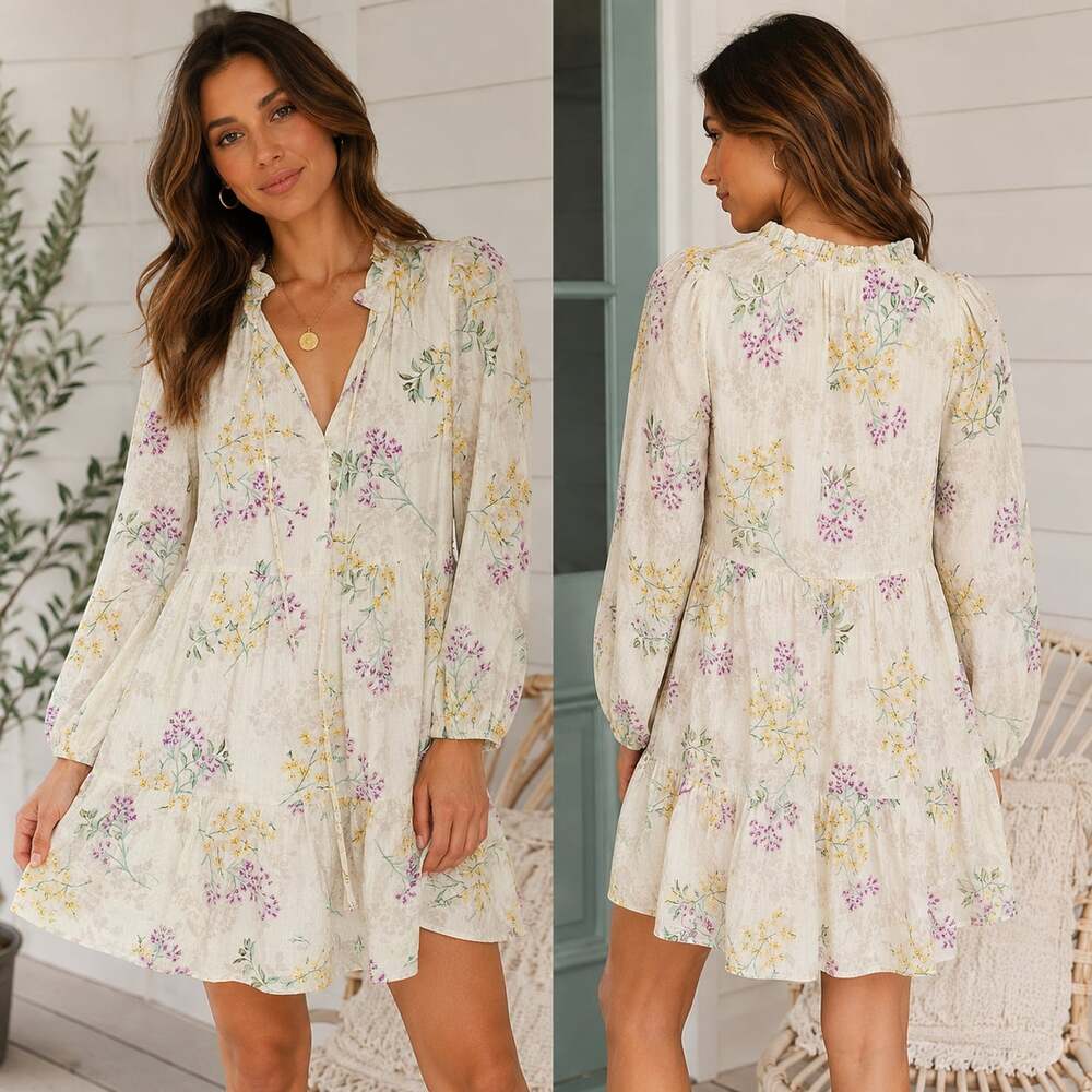 Taylor Floral Tiered Mini Dress Lyocell Ruffle Tie Neck Long Sleeve Women's